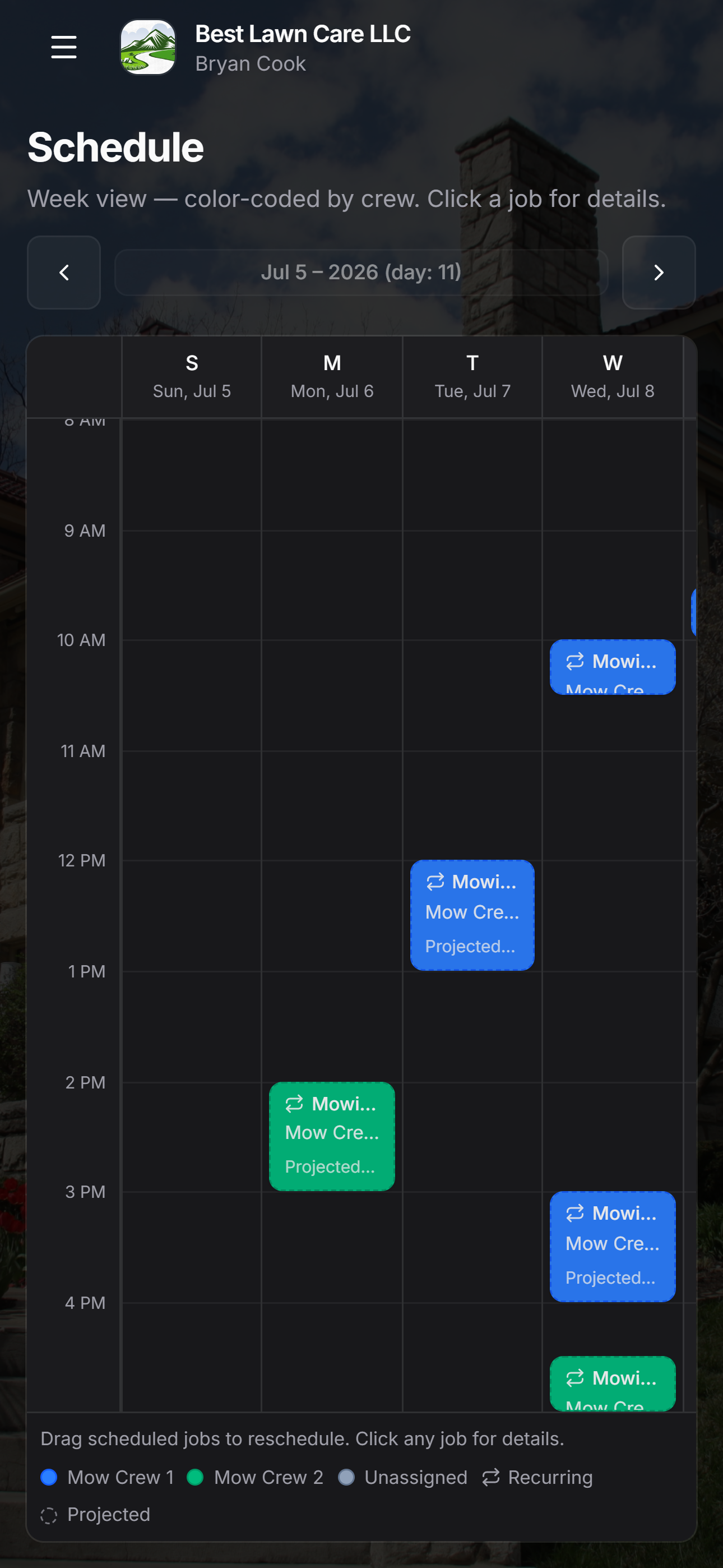 ServicePortal schedule on mobile